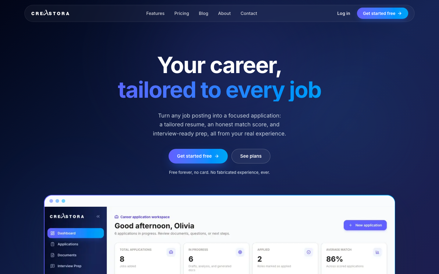 The Creastora web application landing page with its dashboard in view